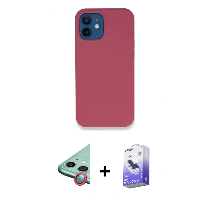 MARSİLYAN™- iPhone 12 Kılıf Zirve Modern Özel Seri - Siyah Bilvis 5in1 5D Magic Hayalet Cam Ekran Koruyucu + Kırmızı Raze Metal Kamera Lens