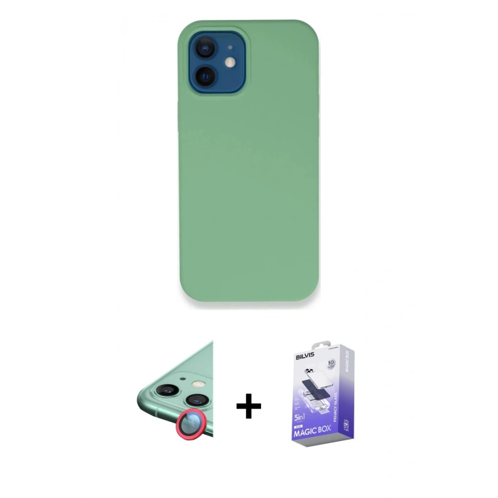 MARSİLYAN™- iPhone 12 Kılıf Zirve Modern Özel Seri - Siyah Bilvis 5in1 5D Magic Hayalet Cam Ekran Koruyucu + Kırmızı Raze Metal Kamera Lens