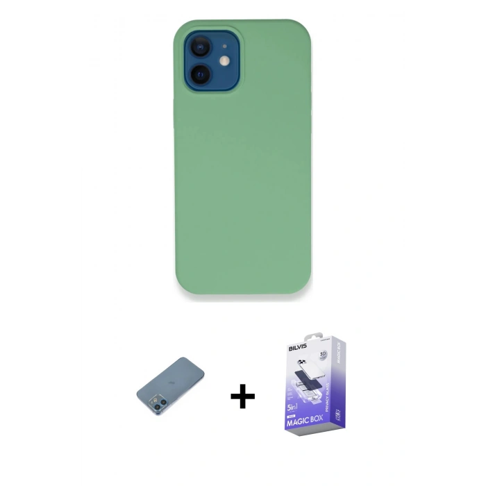 MARSİLYAN™- iPhone 12 Kılıf Zirve Modern Özel Seri - Siyah Bilvis 5in1 5D Magic Hayalet Cam Ekran Koruyucu + Shine Kamera Lens Koruma Cam - MI