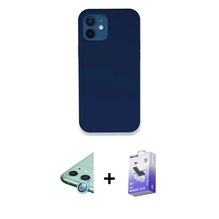 MARSİLYAN™- iPhone 12 Kılıf Zirve Modern Özel Seri - Siyah Bilvis 5in1 5D Magic Hayalet Cam Ekran Koruyucu + Raze Metal Kamera Lens - MI