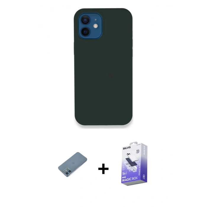 MARSİLYAN™- iPhone 12 Kılıf Zirve Modern Özel Seri - Siyah Bilvis 5in1 5D Magic Hayalet Cam Ekran Koruyucu + Shine Kamera Lens Koruma Cam - MI