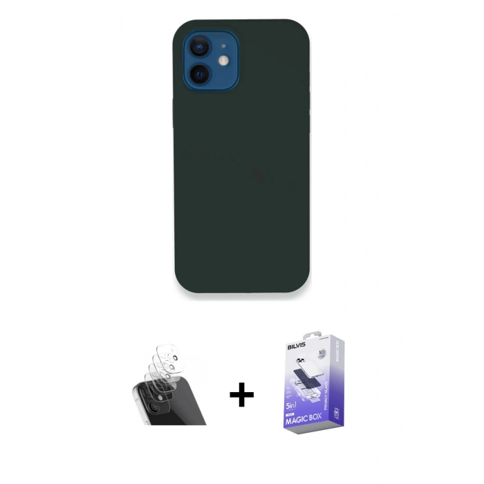 MARSİLYAN™- iPhone 12 Kılıf Zirve Modern Özel Seri - Siyah Bilvis 5in1 5D Magic Hayalet Cam Ekran Koruyucu + Kamera Lens Koruma Cam - SF