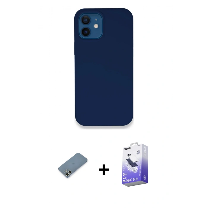 MARSİLYAN™- iPhone 12 Kılıf Zirve Modern Özel Seri - Siyah Bilvis 5in1 5D Magic Hayalet Cam Ekran Koruyucu + Açık Yeşil Metal Kamera Lens Koruma Cam