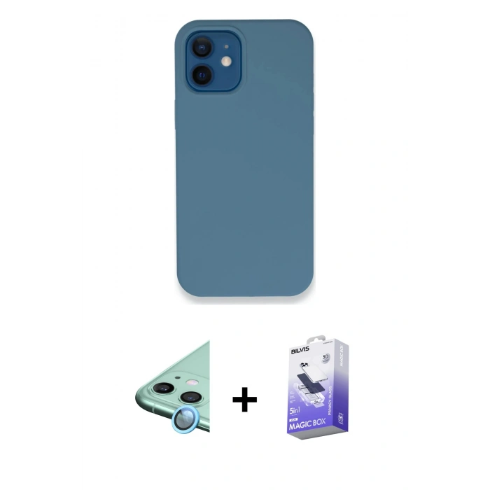 MARSİLYAN™- iPhone 12 Kılıf Zirve Modern Özel Seri - Siyah Bilvis 5in1 5D Magic Hayalet Cam Ekran Koruyucu + Mavi Raze Metal Kamera Lens