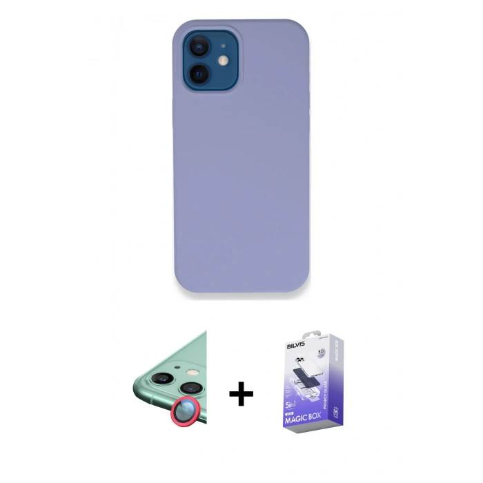 MARSİLYAN™- iPhone 12 Kılıf Zirve Modern Özel Seri - Siyah Bilvis 5in1 5D Magic Hayalet Cam Ekran Koruyucu + Kırmızı Raze Metal Kamera Lens