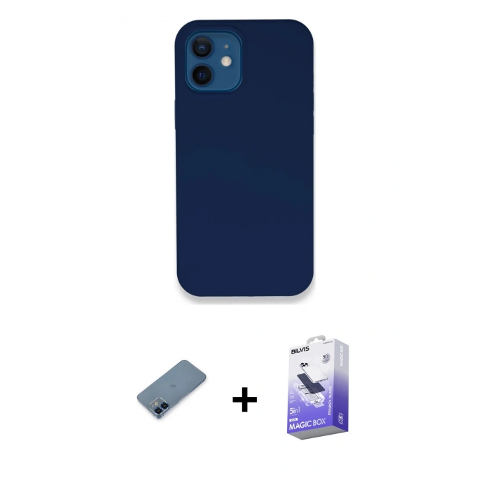 MARSİLYAN™- iPhone 12 Kılıf Zirve Modern Özel Seri - Siyah Bilvis 5in1 5D Magic Hayalet Cam Ekran Koruyucu + Metal Kamera Lens Koruma Cam - MI