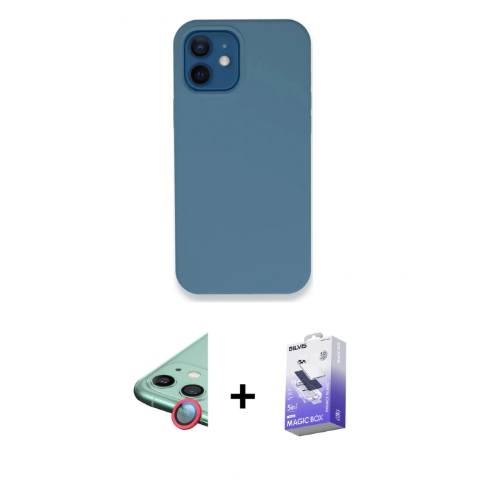 MARSİLYAN™- iPhone 12 Kılıf Zirve Modern Özel Seri - Siyah Bilvis 5in1 5D Magic Hayalet Cam Ekran Koruyucu + Kırmızı Raze Metal Kamera Lens