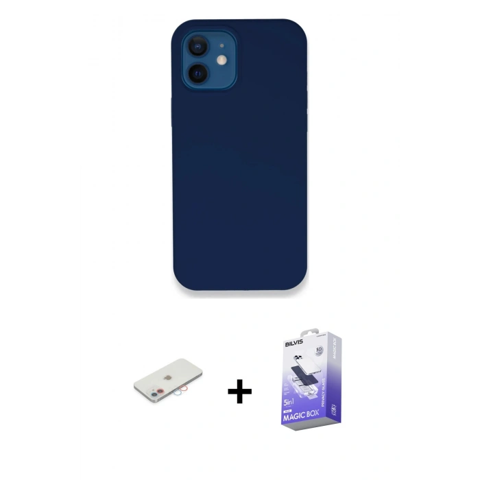 MARSİLYAN™- iPhone 12 Kılıf Zirve Modern Özel Seri - Siyah Bilvis 5in1 5D Magic Hayalet Cam Ekran Koruyucu + Renkli Kamera Lens Koruma Cam - PE