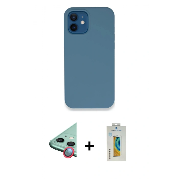 MARSİLYAN™- iPhone 12 Kılıf Zirve Modern Özel Seri - Siyah Polymer Nano Ekran Koruyucu + Kırmızı Raze Metal Kamera Lens