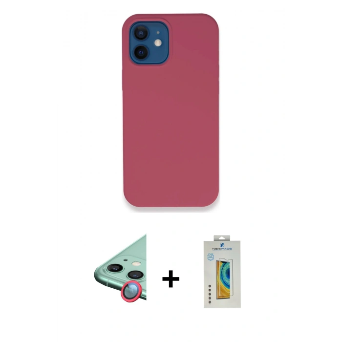 MARSİLYAN™- iPhone 12 Kılıf Zirve Modern Özel Seri - Siyah Polymer Nano Ekran Koruyucu + Kırmızı Raze Metal Kamera Lens