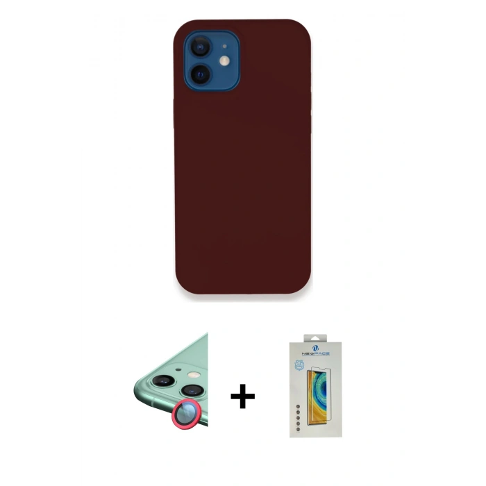 MARSİLYAN™- iPhone 12 Kılıf Zirve Modern Özel Seri - Siyah Polymer Nano Ekran Koruyucu + Kırmızı Raze Metal Kamera Lens