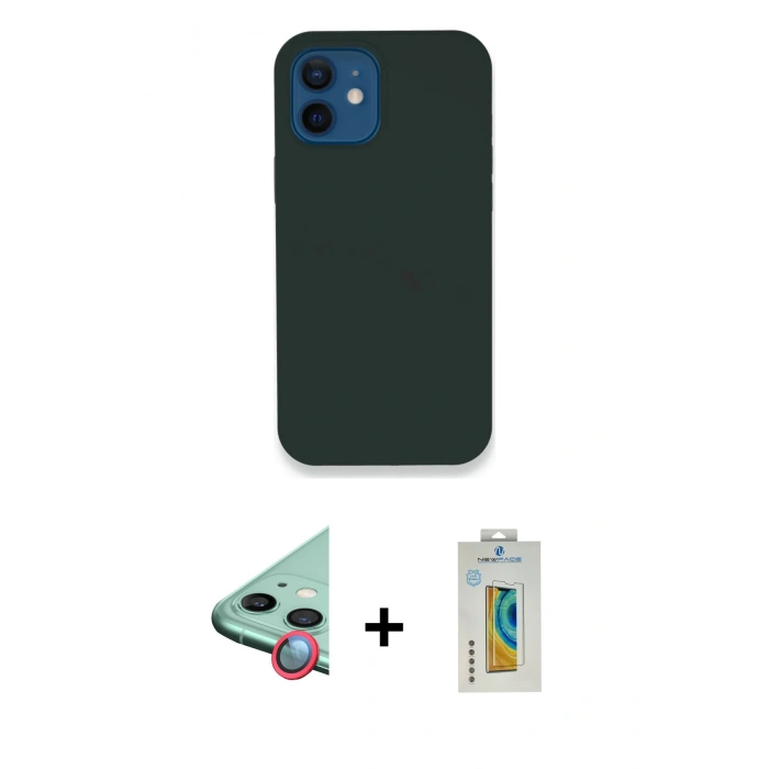 MARSİLYAN™- iPhone 12 Kılıf Zirve Modern Özel Seri - Siyah Polymer Nano Ekran Koruyucu + Kırmızı Raze Metal Kamera Lens