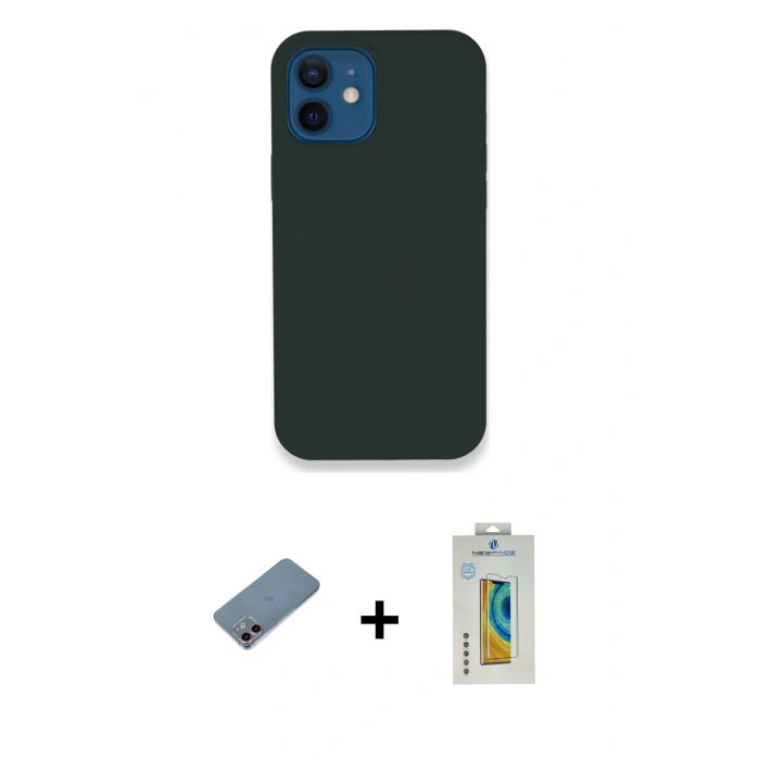 MARSİLYAN™- iPhone 12 Kılıf Zirve Modern Özel Seri - Siyah Polymer Nano Ekran Koruyucu + Shine Kamera Lens Koruma Cam - PE