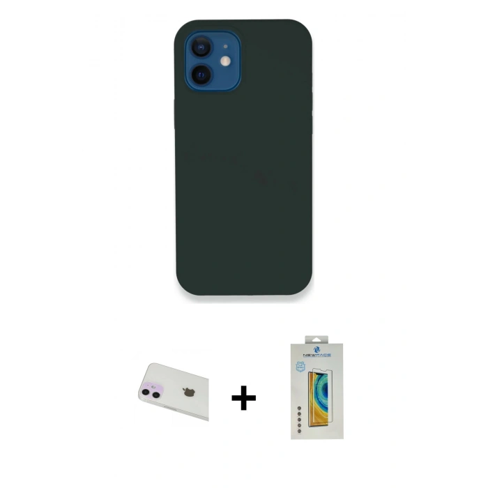 MARSİLYAN™- iPhone 12 Kılıf Zirve Modern Özel Seri - Siyah Polymer Nano Ekran Koruyucu + Rainbow Kamera Lens Koruma Cam - MR