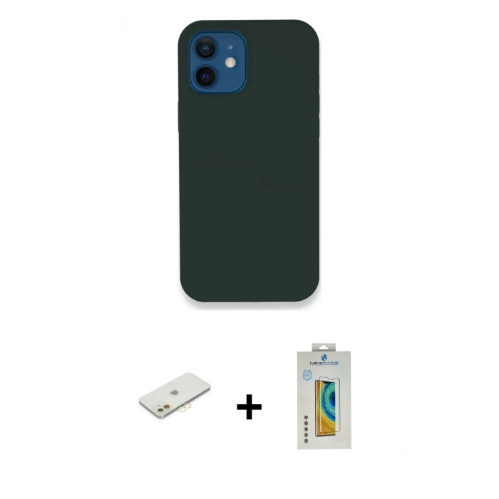 MARSİLYAN™- iPhone 12 Kılıf Zirve Modern Özel Seri - Siyah Polymer Nano Ekran Koruyucu + Renkli Kamera Lens Koruma Cam - TU