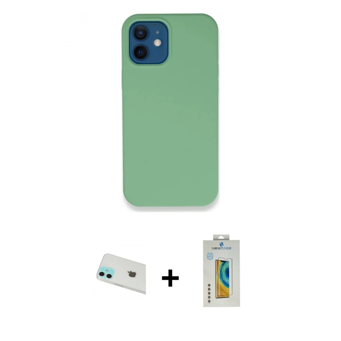 MARSİLYAN™- iPhone 12 Kılıf Zirve Modern Özel Seri - Siyah Polymer Nano Ekran Koruyucu + Rainbow Kamera Lens Koruma Cam - YL