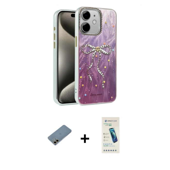 MARSİLYAN™- iPhone 12 Kılıf Zirve Modern Prime - Şeffaf Pasifik Cam Ekran Koruyucu + Shine Kamera Lens Koruma Cam - GD