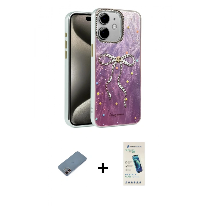 MARSİLYAN™- iPhone 12 Kılıf Zirve Modern Prime - Şeffaf Pasifik Cam Ekran Koruyucu + Shine Kamera Lens Koruma Cam - PE
