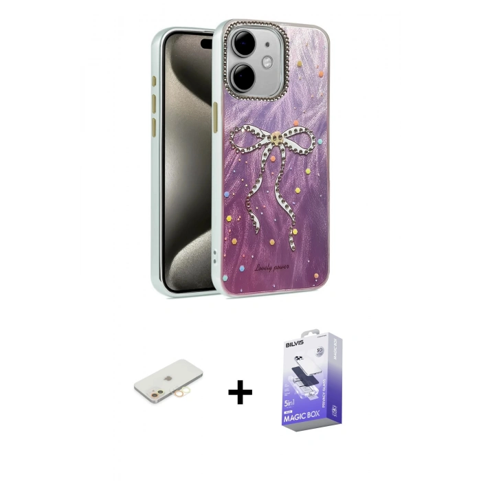 MARSİLYAN™- iPhone 12 Kılıf Zirve Modern Prime - Siyah Bilvis 5in1 5D Magic Hayalet Cam Ekran Koruyucu + Renkli Kamera Lens Koruma Cam - SI