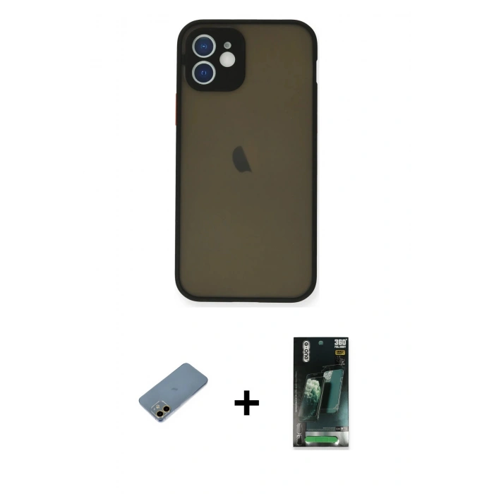 MARSİLYAN™- iPhone 12 Mini Kılıf Ahenk Çizgi Serisi - Şeffaf 360 Full Body Arka Koruyucu + Shine Kamera Lens Koruma Cam - GD