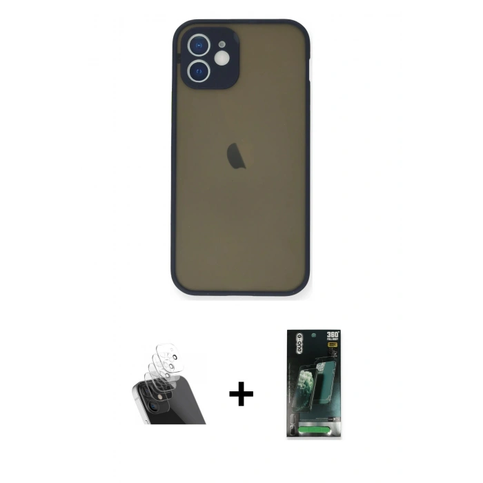 MARSİLYAN™- iPhone 12 Mini Kılıf Ahenk Çizgi Serisi - Şeffaf 360 Full Body Arka Koruyucu + Kamera Lens Koruma Cam - SF