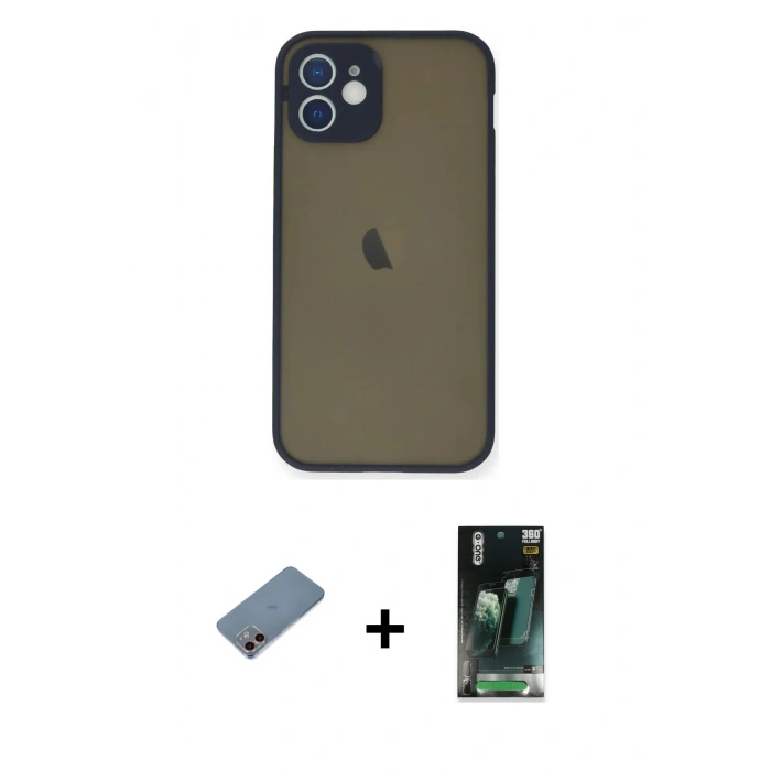 MARSİLYAN™- iPhone 12 Mini Kılıf Ahenk Çizgi Serisi - Şeffaf 360 Full Body Arka Koruyucu + Shine Kamera Lens Koruma Cam - PE