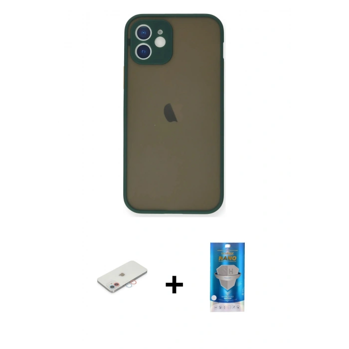 MARSİLYAN™- iPhone 12 Mini Kılıf Ahenk Çizgi Serisi - Şeffaf Royal Nano Ekran Koruyucu + Pembe Renkli Kamera Lens Koruma Cam