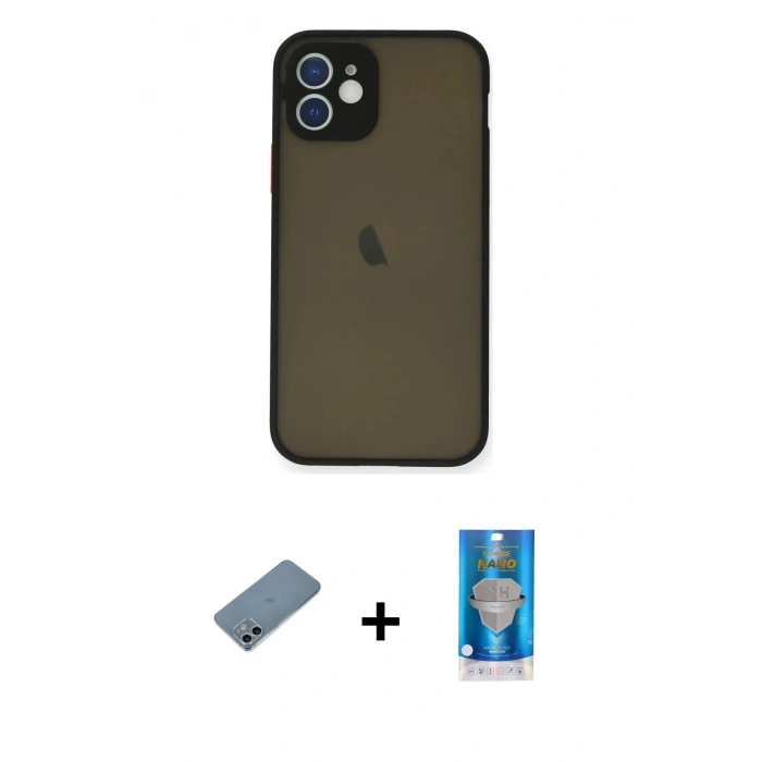 MARSİLYAN™- iPhone 12 Mini Kılıf Ahenk Çizgi Serisi - Şeffaf Royal Nano Ekran Koruyucu + Sierra Blue Shine Kamera Lens Koruma Cam