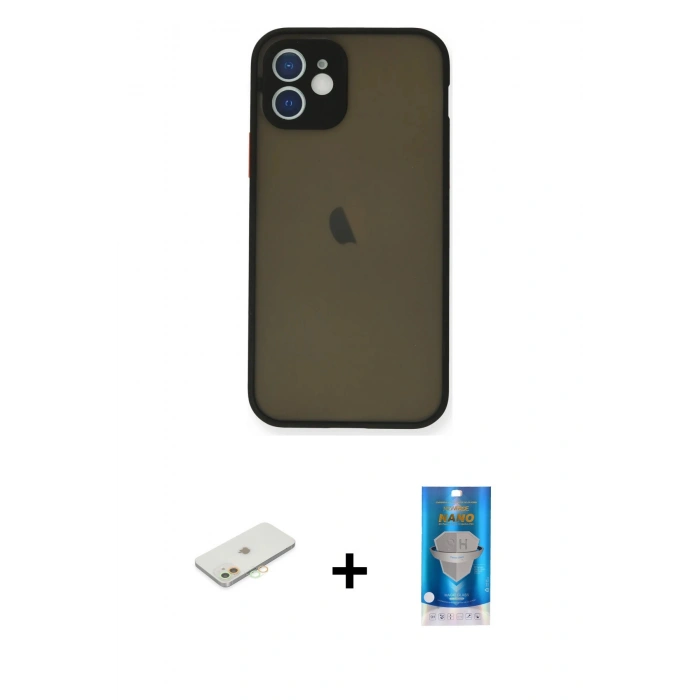 MARSİLYAN™- iPhone 12 Mini Kılıf Ahenk Çizgi Serisi - Şeffaf Royal Nano Ekran Koruyucu + Renkli Kamera Lens Koruma Cam - TU