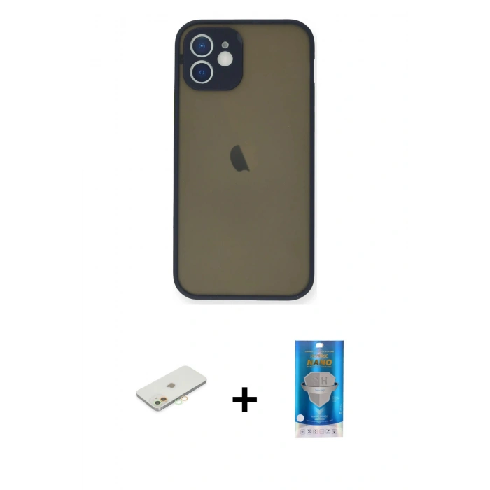 MARSİLYAN™- iPhone 12 Mini Kılıf Ahenk Çizgi Serisi - Şeffaf Royal Nano Ekran Koruyucu + Renkli Kamera Lens Koruma Cam - TU