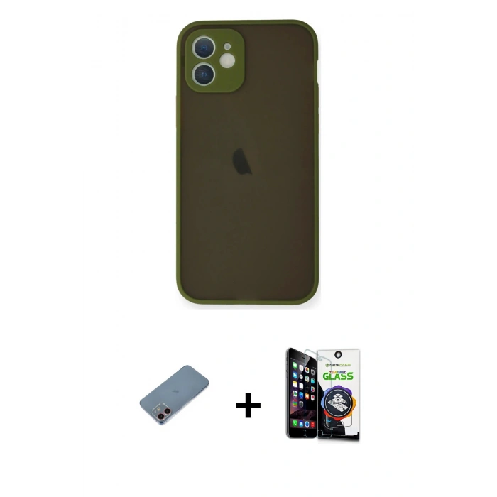 MARSİLYAN™- iPhone 12 Mini Kılıf Ahenk Çizgi Serisi - Şeffaf Temperli Cam Ekran Koruyucu + Pembe Shine Kamera Lens Koruma Cam