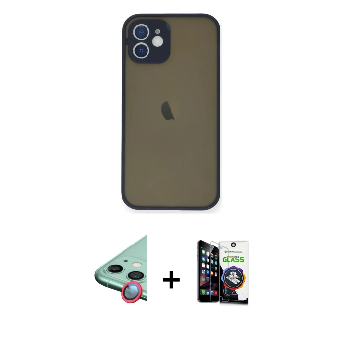 MARSİLYAN™- iPhone 12 Mini Kılıf Ahenk Çizgi Serisi - Şeffaf Temperli Cam Ekran Koruyucu + Raze Metal Kamera Lens - KI