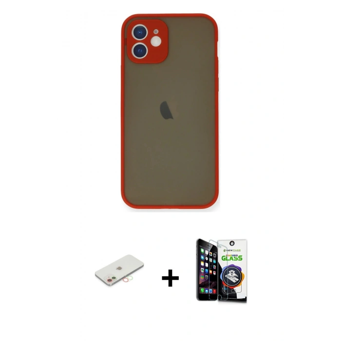 MARSİLYAN™- iPhone 12 Mini Kılıf Ahenk Çizgi Serisi - Şeffaf Temperli Cam Ekran Koruyucu + Renkli Kamera Lens Koruma Cam - YL