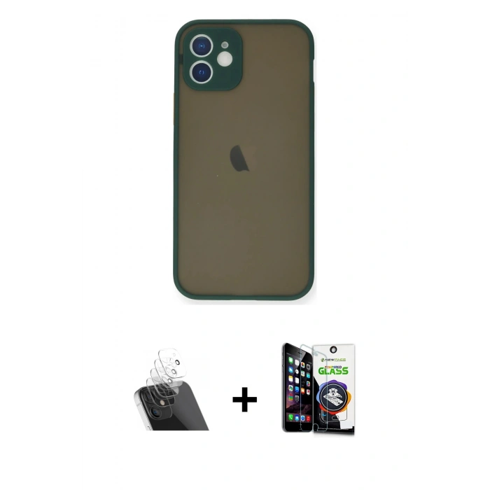 MARSİLYAN™- iPhone 12 Mini Kılıf Ahenk Çizgi Serisi - Şeffaf Temperli Cam Ekran Koruyucu + Şeffaf Kamera Lens Koruma Cam