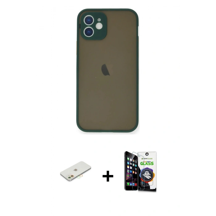 MARSİLYAN™- iPhone 12 Mini Kılıf Ahenk Çizgi Serisi - Şeffaf Temperli Cam Ekran Koruyucu + Renkli Kamera Lens Koruma Cam - TU