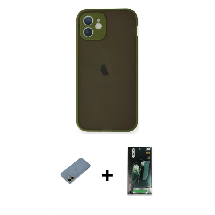 MARSİLYAN™- iPhone 12 Mini Kılıf Ahenk Çizgi Serisi - Siyah 360 Mat Full Body Arka Koruyucu + Shine Kamera Lens Koruma Cam - GD