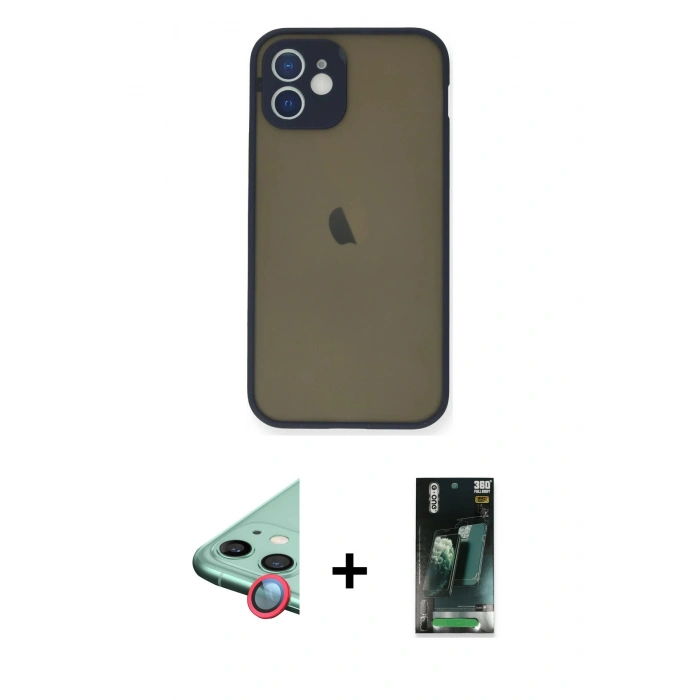 MARSİLYAN™- iPhone 12 Mini Kılıf Ahenk Çizgi Serisi - Siyah 360 Mat Full Body Arka Koruyucu + Raze Metal Kamera Lens - KI