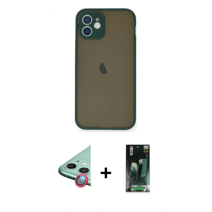 MARSİLYAN™- iPhone 12 Mini Kılıf Ahenk Çizgi Serisi - Siyah 360 Mat Full Body Arka Koruyucu + Raze Metal Kamera Lens - KI