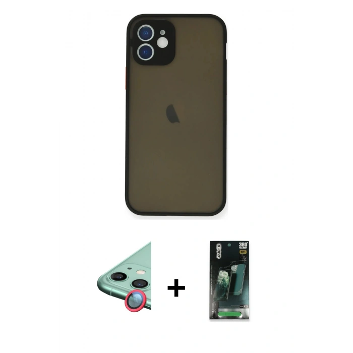 MARSİLYAN™- iPhone 12 Mini Kılıf Ahenk Çizgi Serisi - Siyah 360 Mat Full Body Arka Koruyucu + Raze Metal Kamera Lens - KI