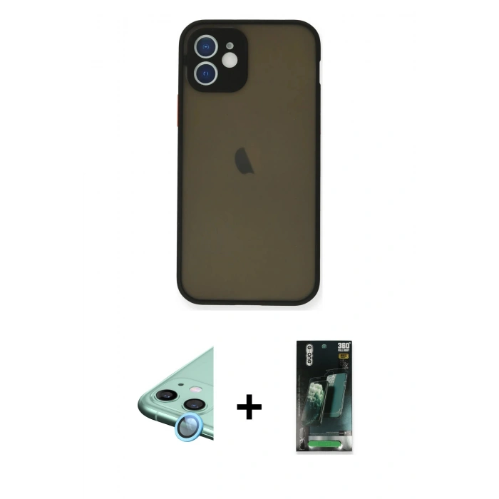 MARSİLYAN™- iPhone 12 Mini Kılıf Ahenk Çizgi Serisi - Siyah 360 Mat Full Body Arka Koruyucu + Raze Metal Kamera Lens - MI