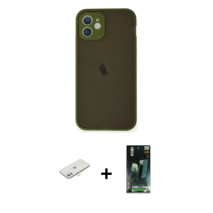 MARSİLYAN™- iPhone 12 Mini Kılıf Ahenk Çizgi Serisi - Siyah 360 Mat Full Body Arka Koruyucu + Renkli Kamera Lens Koruma Cam - SI