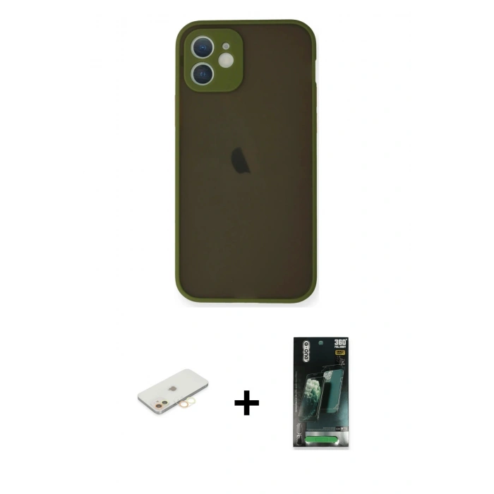 MARSİLYAN™- iPhone 12 Mini Kılıf Ahenk Çizgi Serisi - Siyah 360 Mat Full Body Arka Koruyucu + Sarı Renkli Kamera Lens Koruma Cam