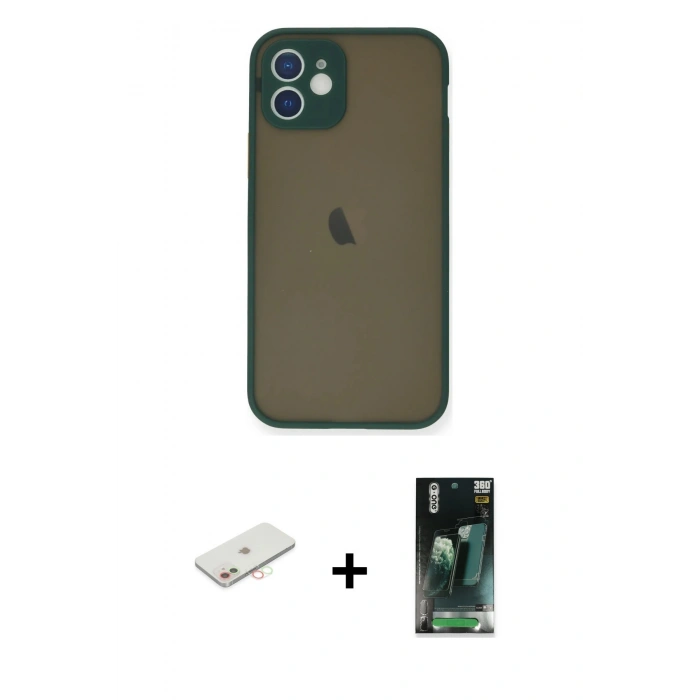MARSİLYAN™- iPhone 12 Mini Kılıf Ahenk Çizgi Serisi - Siyah 360 Mat Full Body Arka Koruyucu + Renkli Kamera Lens Koruma Cam - YL