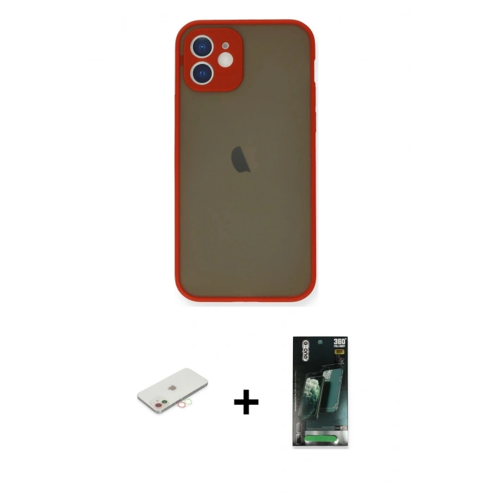 MARSİLYAN™- iPhone 12 Mini Kılıf Ahenk Çizgi Serisi - Siyah 360 Mat Full Body Arka Koruyucu + Renkli Kamera Lens Koruma Cam - YL