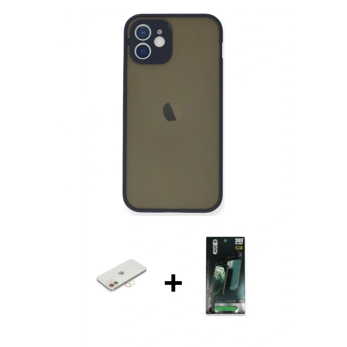 MARSİLYAN™- iPhone 12 Mini Kılıf Ahenk Çizgi Serisi - Siyah 360 Mat Full Body Arka Koruyucu + Renkli Kamera Lens Koruma Cam - YL