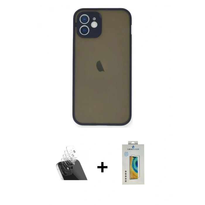 MARSİLYAN™- iPhone 12 Mini Kılıf Ahenk Çizgi Serisi - Siyah Polymer Nano Ekran Koruyucu + Kamera Lens Koruma Cam - SF