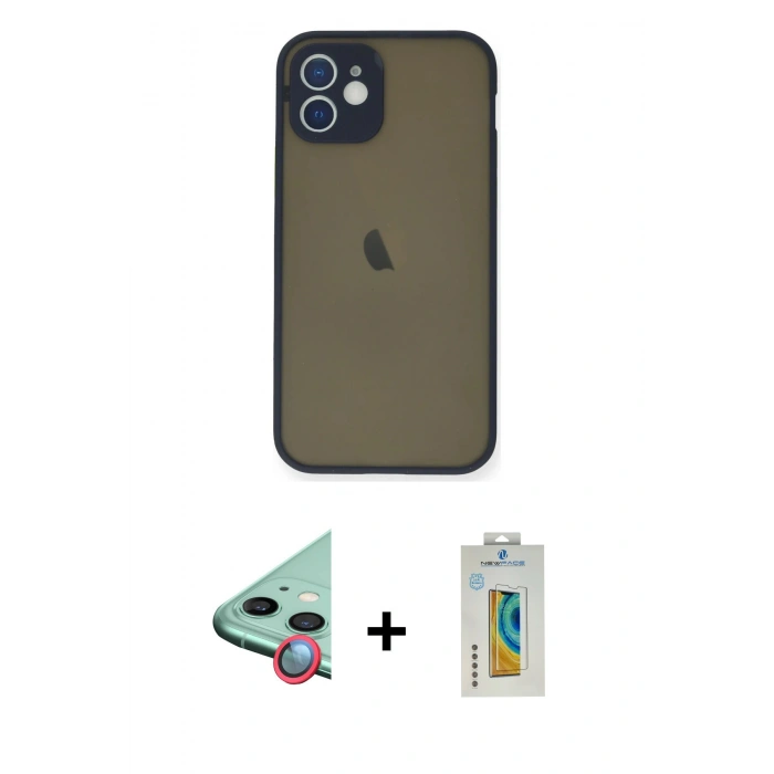 MARSİLYAN™- iPhone 12 Mini Kılıf Ahenk Çizgi Serisi - Siyah Polymer Nano Ekran Koruyucu + Raze Metal Kamera Lens - KI