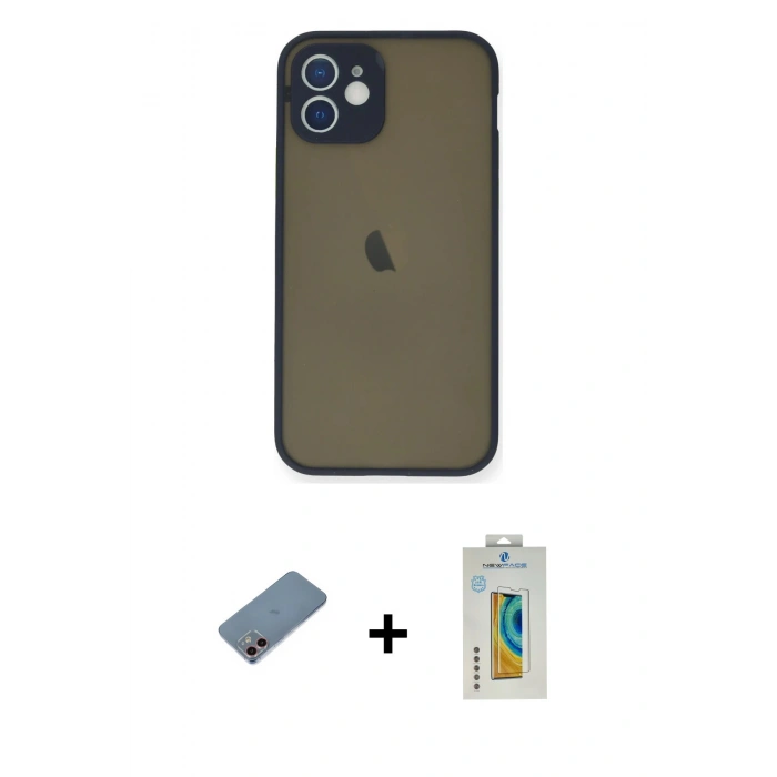 MARSİLYAN™- iPhone 12 Mini Kılıf Ahenk Çizgi Serisi - Siyah Polymer Nano Ekran Koruyucu + Shine Kamera Lens Koruma Cam - PE