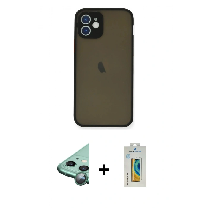 MARSİLYAN™- iPhone 12 Mini Kılıf Ahenk Çizgi Serisi - Siyah Polymer Nano Ekran Koruyucu + Raze Metal Kamera Lens - YL