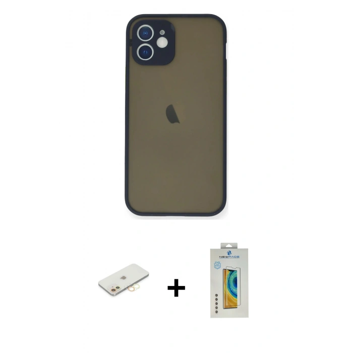 MARSİLYAN™- iPhone 12 Mini Kılıf Ahenk Çizgi Serisi - Siyah Polymer Nano Ekran Koruyucu + Renkli Kamera Lens Koruma Cam - SI